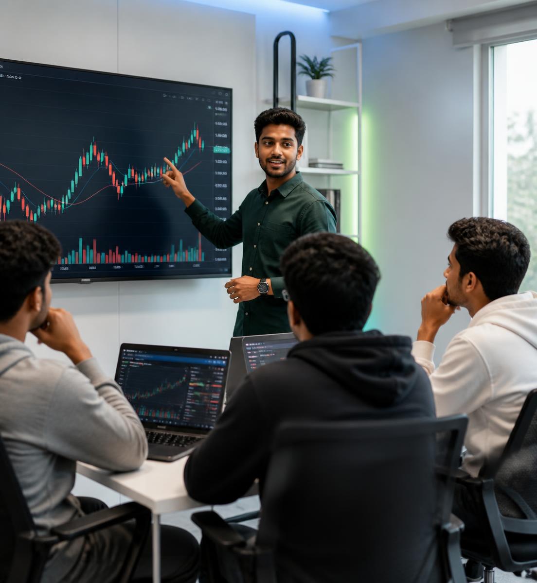 WickyUni mentor explaining candlestick charts to students in a live class